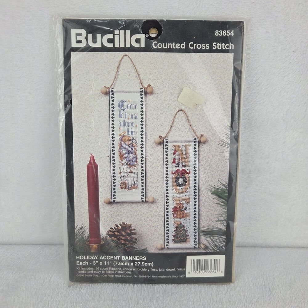 Vintage Bucilla Holiday Accent Banners Counted Cross Stitch Kit 83654 Sealed